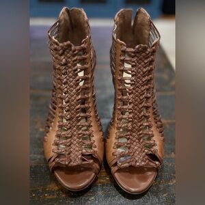 Gianni Bini brown leather "caged" or "strappy" gladiator-style heels.